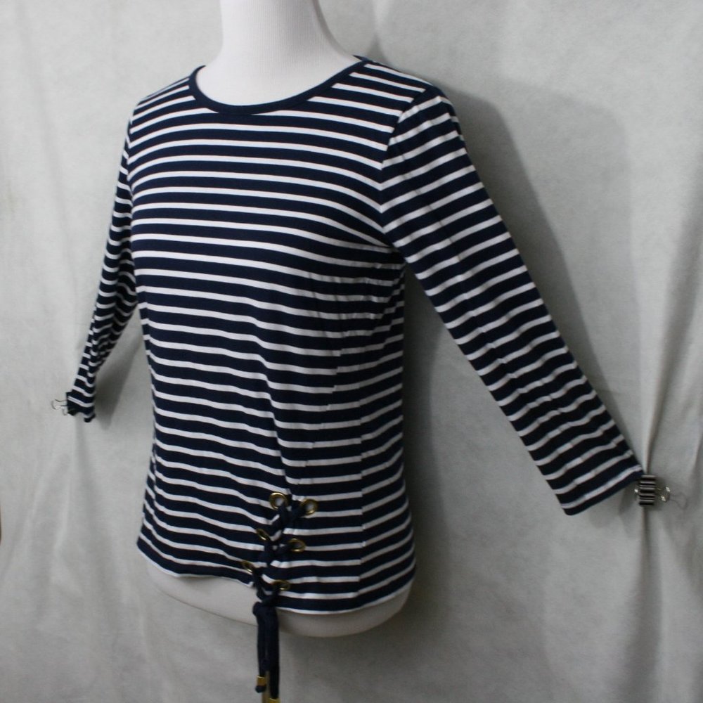 Michael Kors Blue & White Stripe Cotton Blend Blouse w/ Lace Grommets Size M EUC